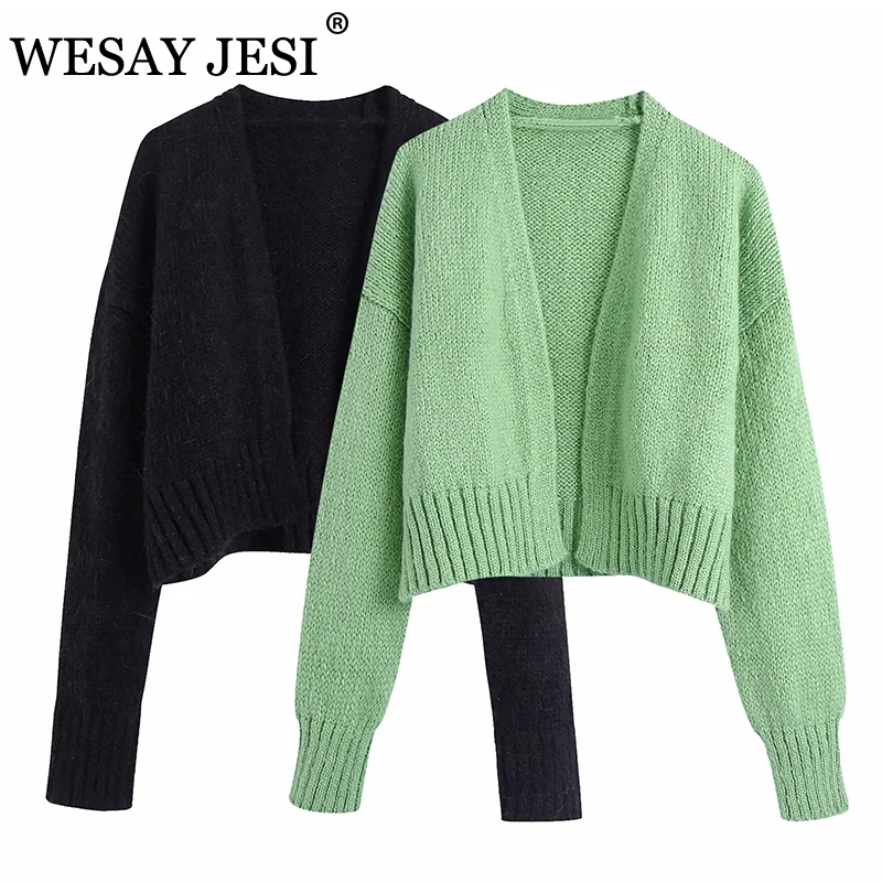 

WESAY JESI ZA Women's Clothes TRAF Fashion Knit Cardigan Solid Color Without Placket Sweater Long Sleeve Chic Female Outerwear