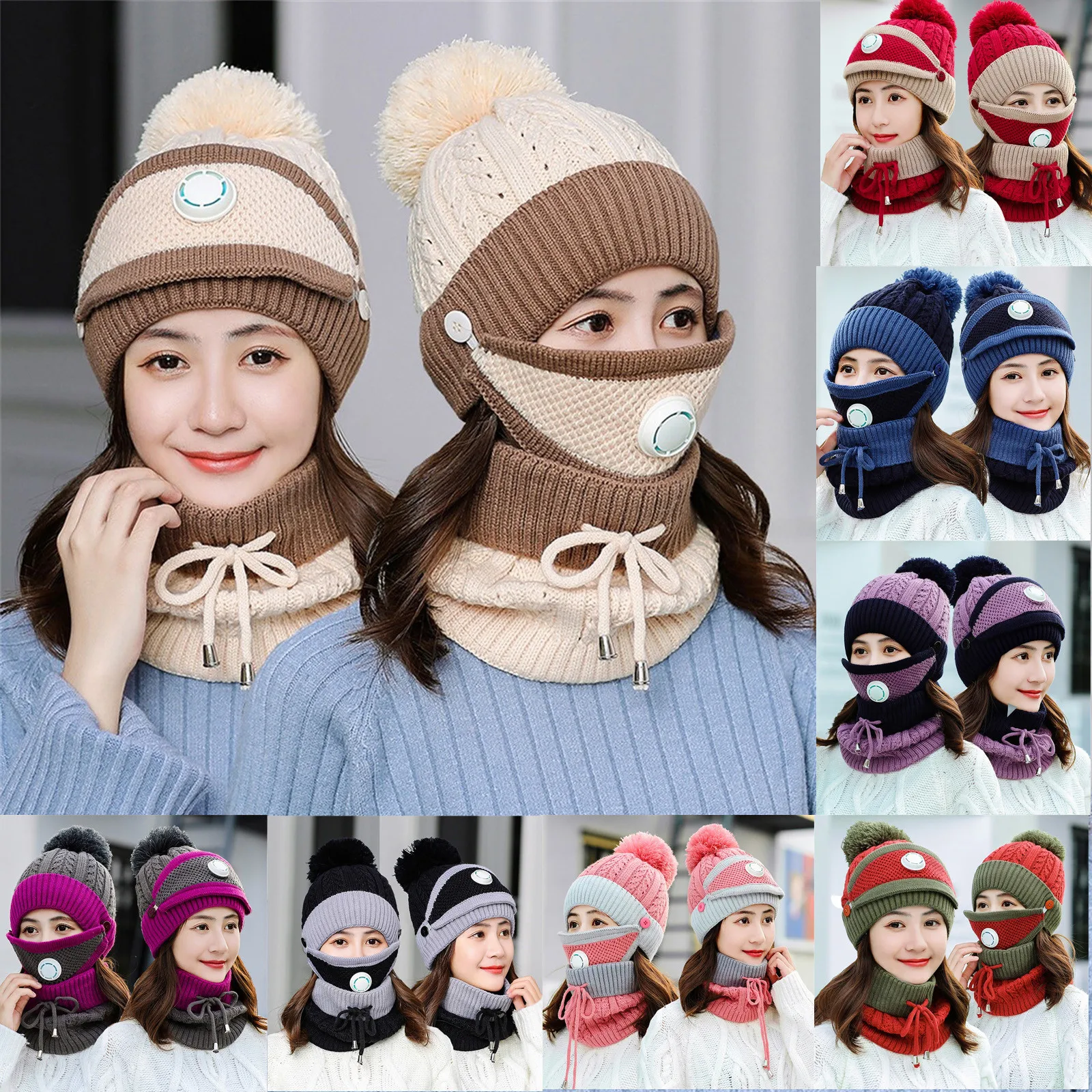 

3pcs/set Girls Winter Knit Hat And Scarf Set Child Plush Warm Pom Pom Cap Scarves With Mask Respirator Big Circular Scarf Hat