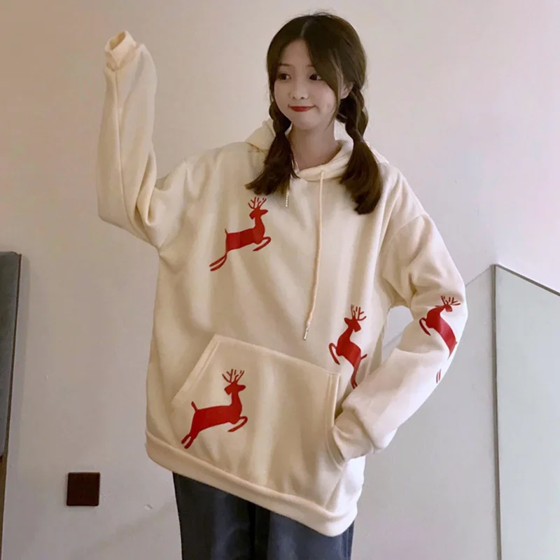 

Christmas Deer Print Harajuku Hoodie Women Winter Red Kawaii Hooded Sweatshirt Korean Style Hoodies Pullovers Clothes