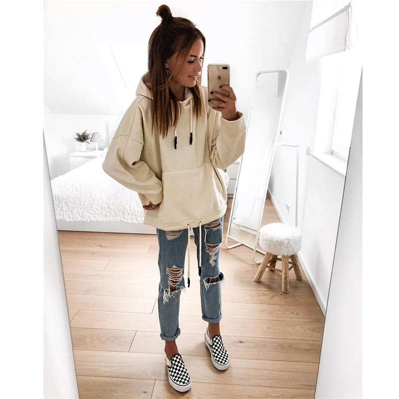 Женская толстовка с карманами Повседневная однотонная Толстовка большого