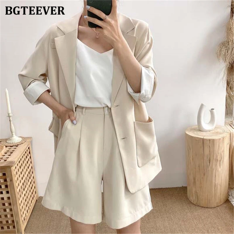 BGTEEVER Elegant Two-piece Women Blazer Suit Pockets Female Shorts Set 2020 Summer Office Ladies Short Pant Suits | Женская одежда