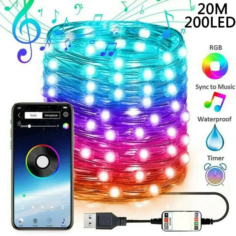 20 м гирлянда 200 светодиодный Bluetooth USB медный провод Гирлянда для дома