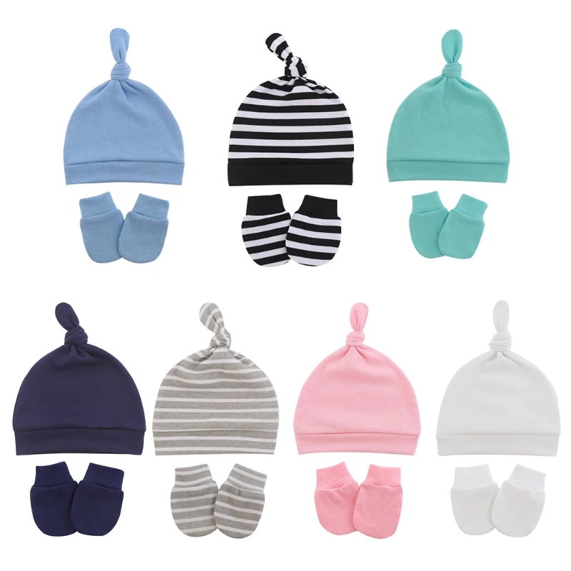 

Baby Anti-scratching Gloves Knotted Hat Set Newborn Mittens Warm Beanie Cap Kit A2UB
