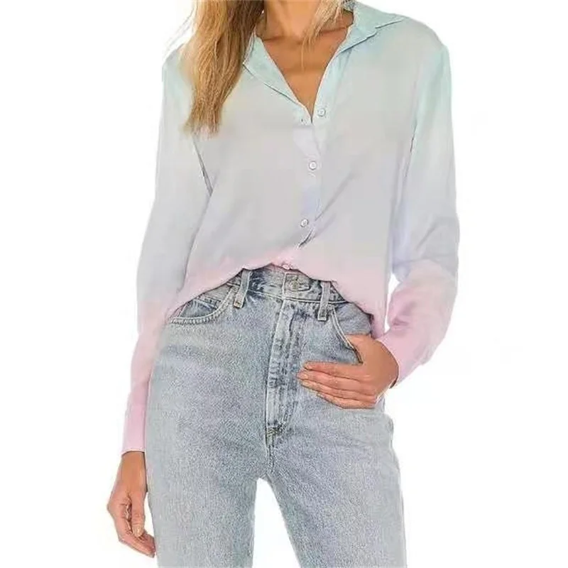 

ZXQJ Women 2021 Fashion Tie-dye Print Loose Blouse Vintage Long Sleeve Button-up Female Shirts Blusas Chic Tops