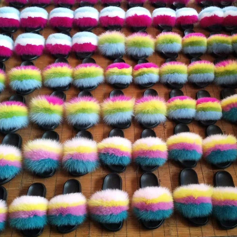 

Women Shoes Fur Slides For Women Fuzzy Slippers High-End Fashion Real Fur Fox Fur Flip-Flops Fish Slippers Big Fur Slides