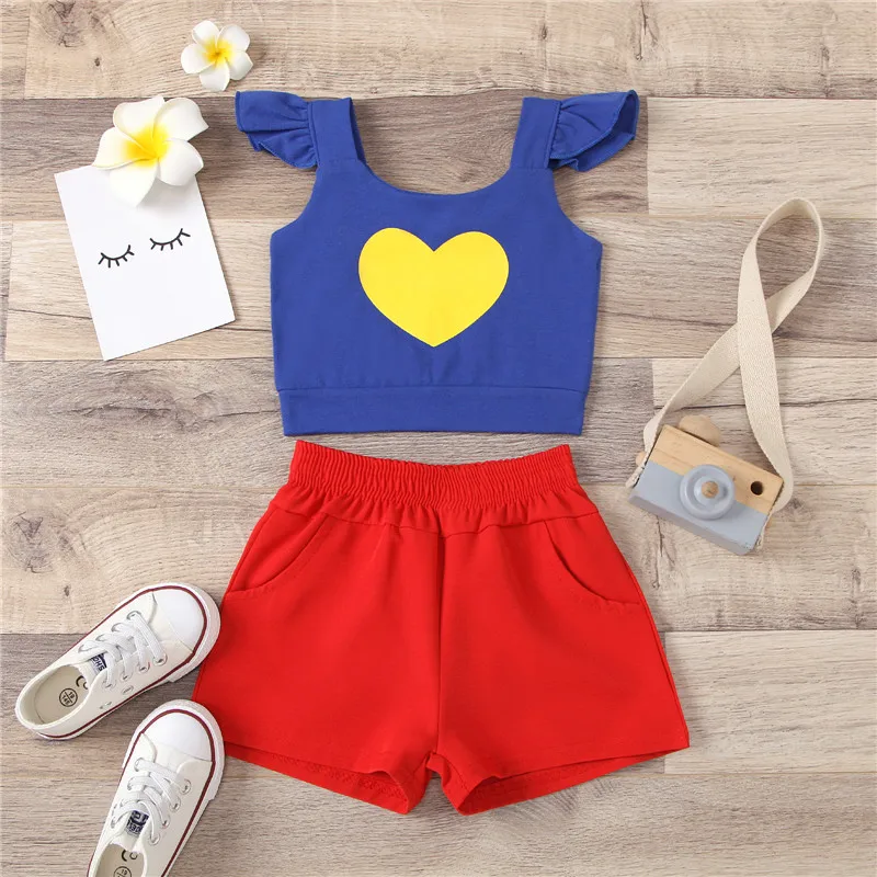

6M-4T Infants Kid's Baby Two Piece Shorts Set, Sweet Round Neck Heart Printed Sleeveless Tops Elastic Head Short Pants Summer