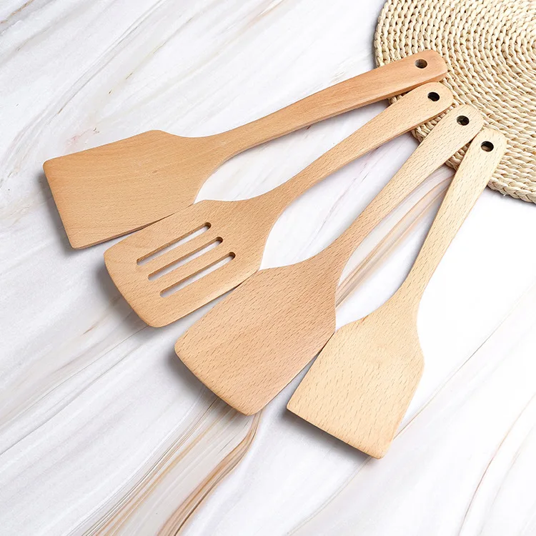 Wood color wooden tableware spatula wholesale beech long handle cooking shovel non-stick kitchen set | Дом и сад