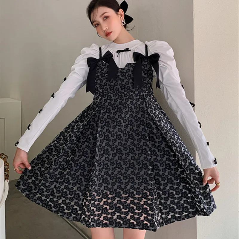 Женский костюм с воротником-стойкой рубашка пышными рукавами и бантом + милое