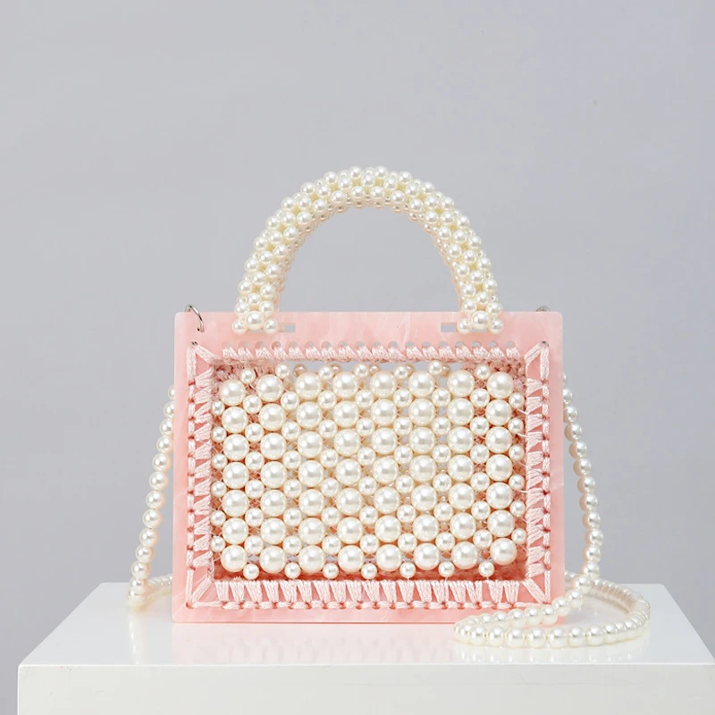 

2021 New Rainbow Handmade Beaded Woven Pearl Transparent Acrylic Handbag Shoulder Diagonal Women's Bag Evening Clutch Bags