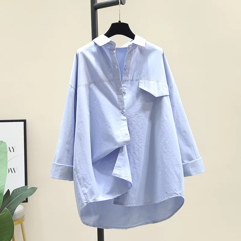 

SuperAen Blue Cotton Shirt Women's Autumn 2021 New Solid Loose Casual Full Turn Down Collar Blouse.