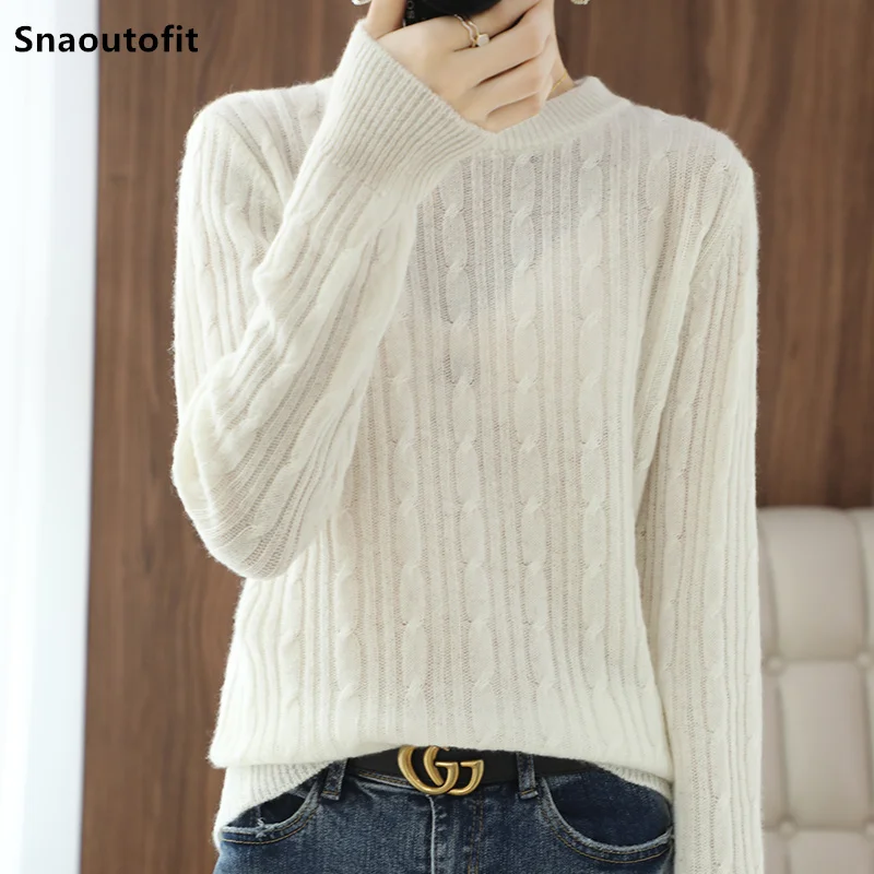 

21 Autumn Winter New Seven-Pin Single-Strand Round Neck Wool Sweater Women Retro Twist Knit Sweater Korean Loose Bottoming Shirt