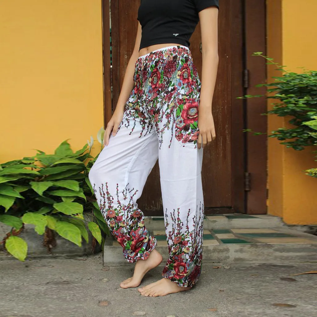 Шаровары для тренировок с цветочным принтом Пляжные штаны йоги эластичной