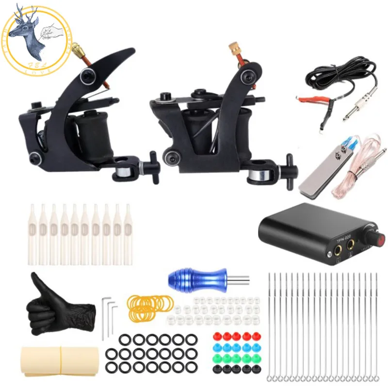 FEL Professional Tattoo Machine Kits 2 Coil Liner Shader Power Supply Foot Pedal Grip Set Permanent Makeup Complete Tools