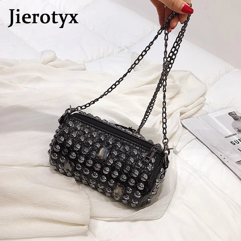 JIEROTYX Punk Style Women Bag with Rivet Messenger Bags Chain Shoulder Barrel-Shaped Female Cross Body Purse | Багаж и сумки