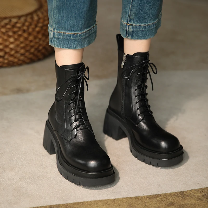 

Повседневные женские ботильоны на платформе GD-time со шнуровкой, модные лаконичные ботинки из натуральной кожи на толстом каблуке и молнии, О...