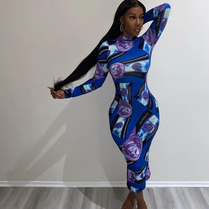 Пикантное облегающее платье средней длины с принтом долларов США платья длинным