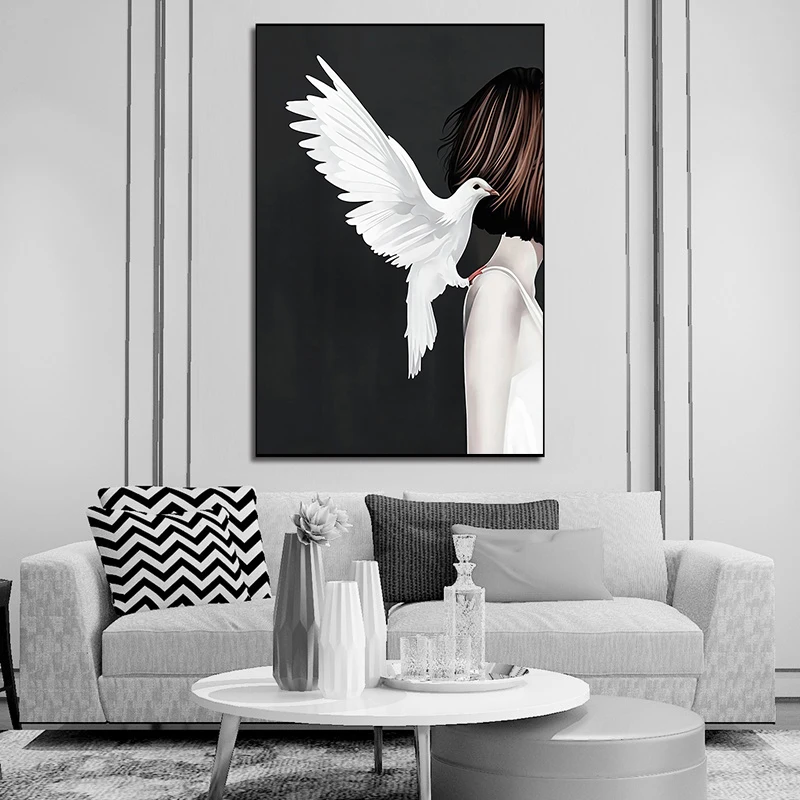 Ангел священное белое платье девушка голубь холст Художественная живопись