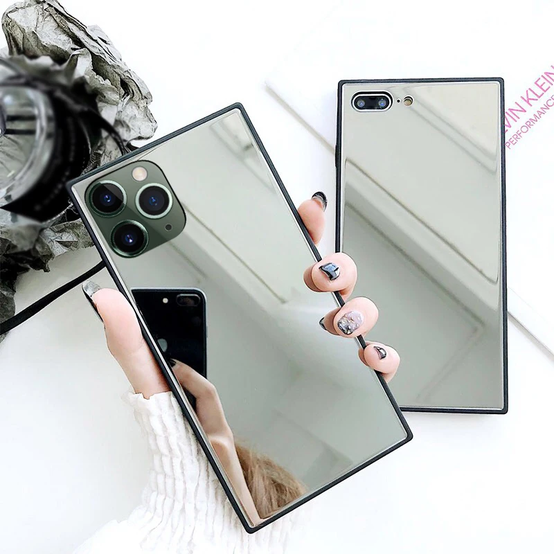 YISHANGOU Mirror Glass Square Back Case For iPhone 11 6 6S 7 8 Plus X XR XS Max Phone Case Soft Silicone Bumper Cover