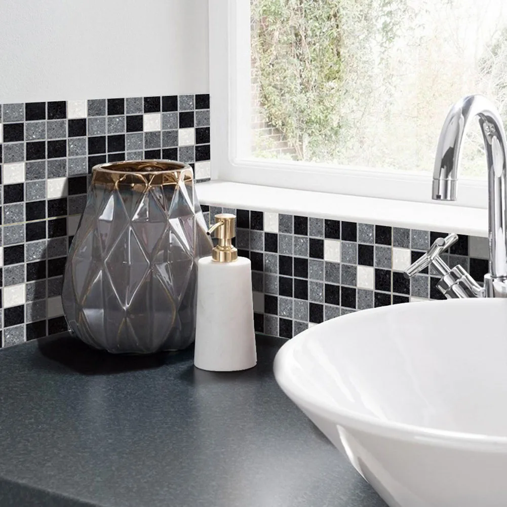 

19Pcs Black Mosaic Wall Stickers PVC Thicken Tile Stickers Easy to Clean for Bathroom Kitchen Decoration FEA889