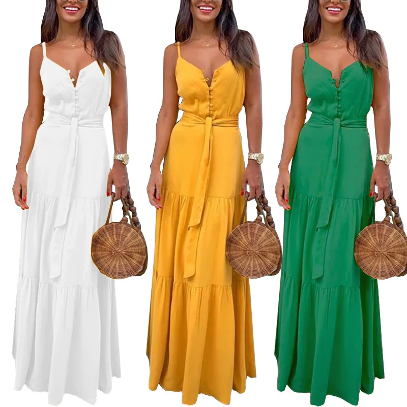 

Summer Solid Button V-neck Strap Suspender Maxi Casual Fashion Long Sun Dress Sexy Casual Party Elegant Maxi Dress