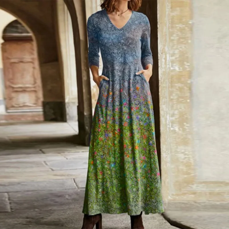 

Fashion Retro Pocket Gradient Floral Print Long Dress Sexy V Neck Women Party Dress Elegant Long Sleeve Loose Maxi Dress Vestido