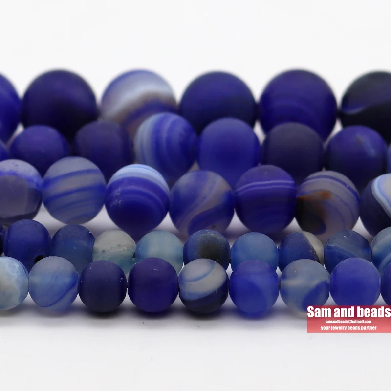 Wholesale Natural Stone Dull Polish Matte Lapis Blue Stripe Agates Round Loose Beads For Jewelry Making DMS22
