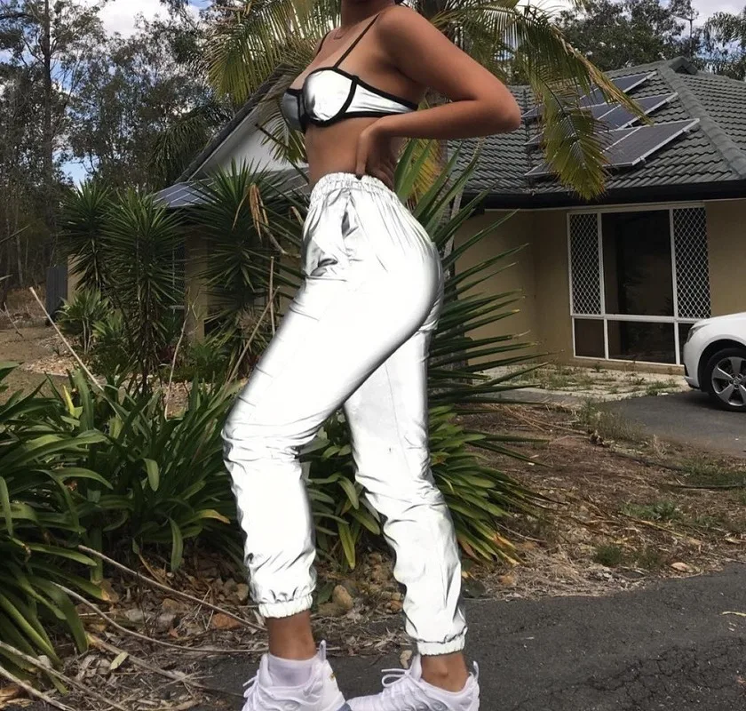 Осень 2019 модные женские спортивные штаны светоотражающие для бега Хип-Хоп