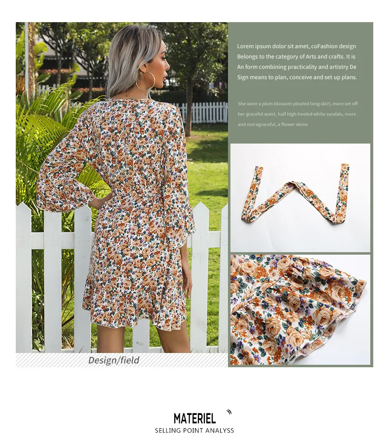 

Vintage Floral Print Dress Women Sweet Bohemia Flare 3/4 Sleeve A Line Dresses Beach Lace V Neck Summer Slim Mini Dress Clothing