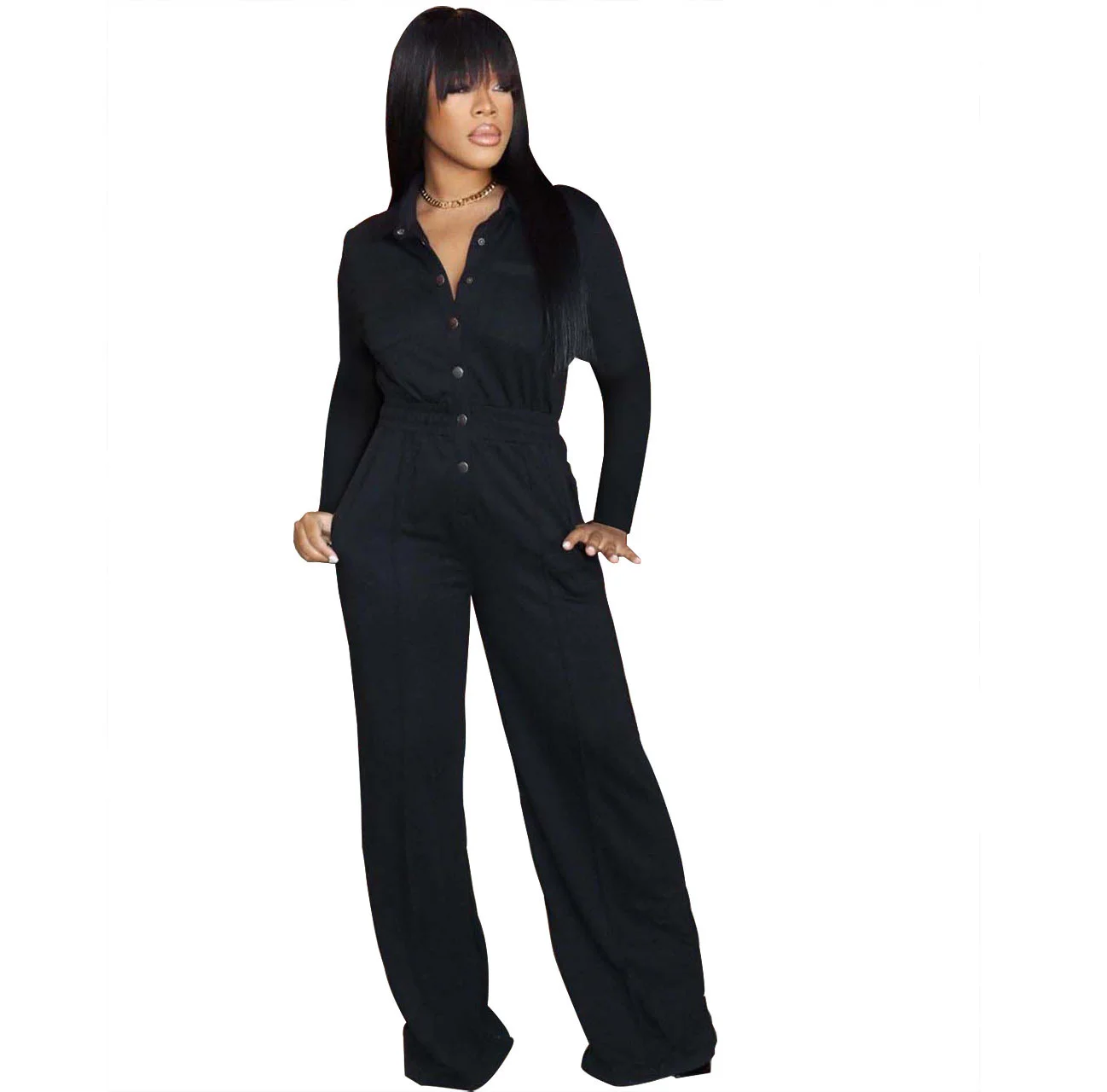 

Комбинезон Zoctuo женский с длинным рукавом, пикантный свободный черный ромпер с лацканами, расклешенные брюки, повседневная одежда