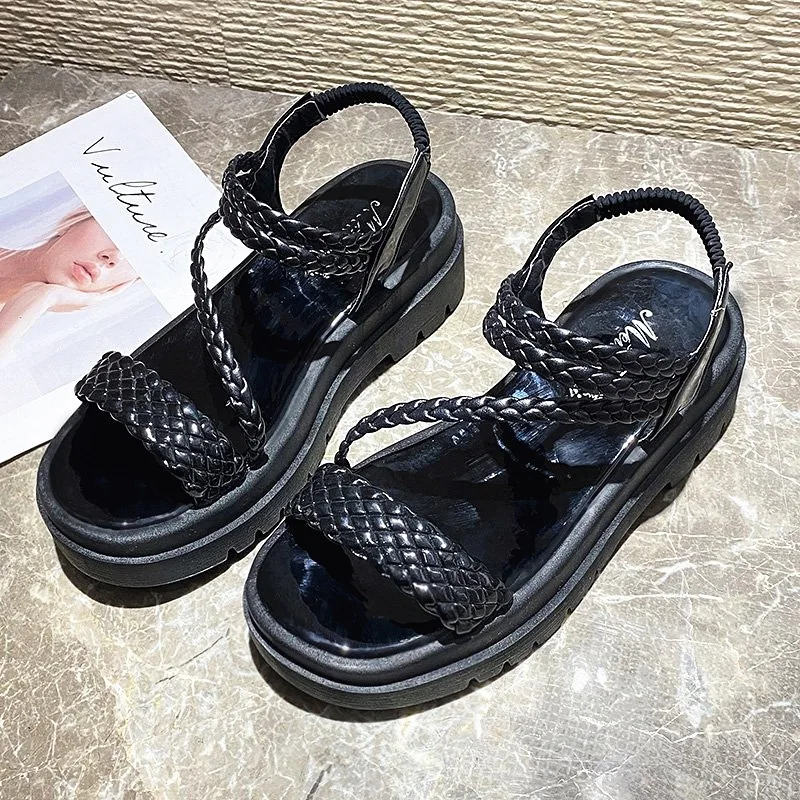 

Breathable Clogs Wedge Low Sandals Woman Leather Shoes Large Size 2021 Summer Suit Female Beige Open Toe Platform Low-heeled Bea