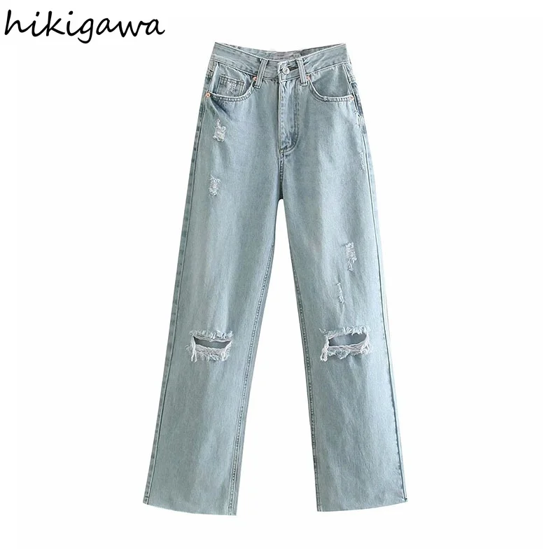 

Джинсы Hikigawa женские универсальные, широкие брюки с дырками, модная вареная уличная одежда с высокой талией, характерные прямые джинсы