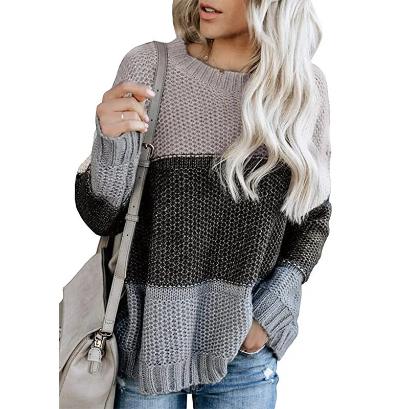 Women's Sweater Loose Knitting O-neck sweater Patchwork Ladies Tops 2019 Autumn Winter Casual Sweaters Pullovers striped color | Женская