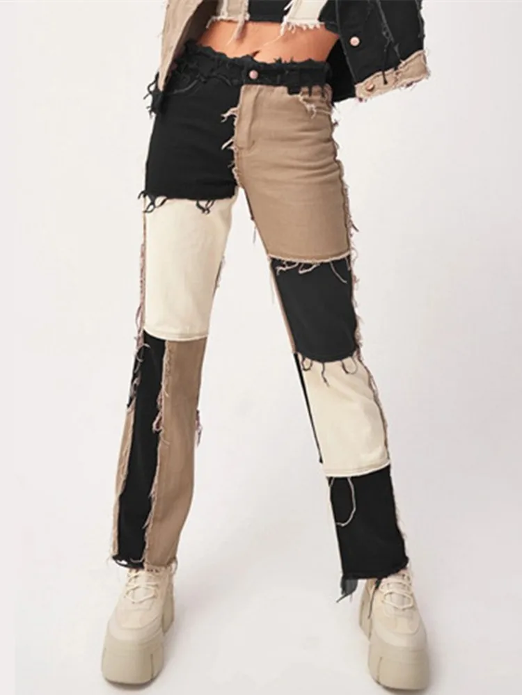 

New Woman Patchwork Jeans Fashion High Waist Hip Hop Straight Jeans Ladies Trousers 2021 Female Street Costumes