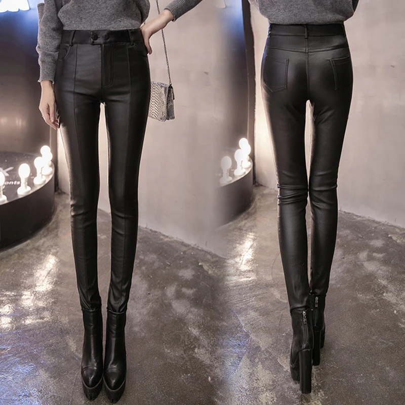 Mozuleva/женские брюки из искусственной кожи на молнии теплые бархатные с высокой