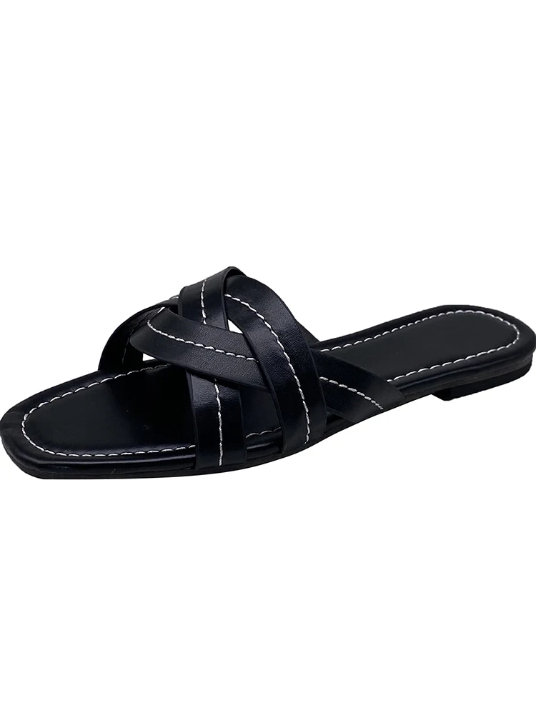 

Roman Style Casual Ladies Slippers Summer Square Head Flat Bottom Solid Color Outer Wear Fashionable One-Word Beach Slippers.