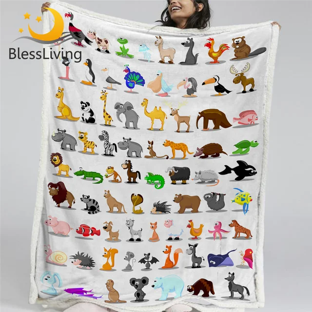 BlessLiving Animal Illustration Bed Blanket 3D Print Plush Bedspread Zebra Monkey Fish Bedding Enlightenment Kids Soft Blanket 1