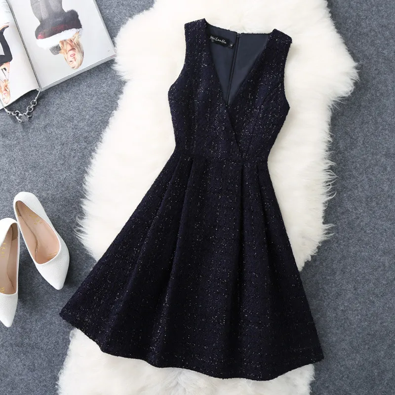 Плюс размер 3XL! зимнее твидовое платье Дамское шерстяное с v-образным вырезом без