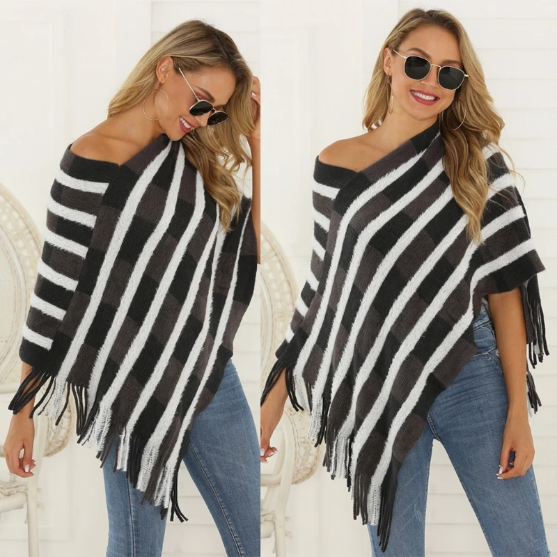 

Women Stripe Tassel Shawl Knitted Capes Autumn Winter Pullover Tunic Poncho Coat