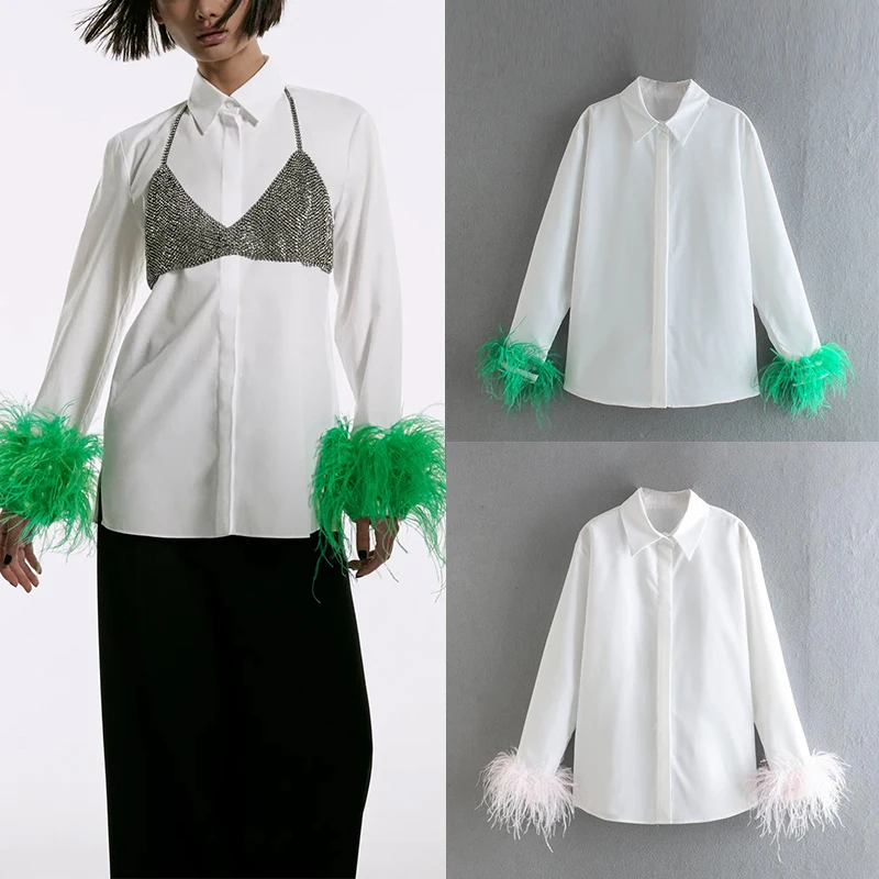 

Za 2022 Women Fashion Feather Sleeve Blouse T Shirt Spring Summer Loose Casual Tops Female Turn Down Collar Shirts