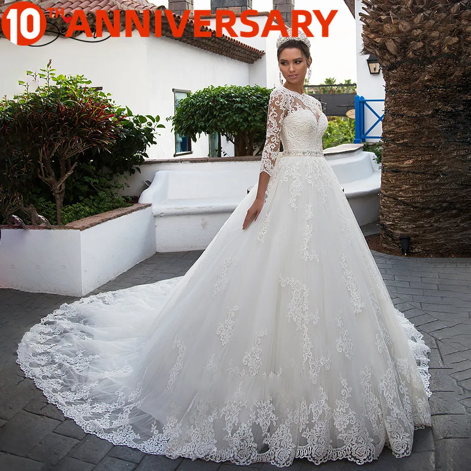 

BAZIIINGAAA роскошное свадебное платье с длинным рукавом, водолазка, аппликация, кружева, свадебное благородное платье, мусульманские невесты, п...