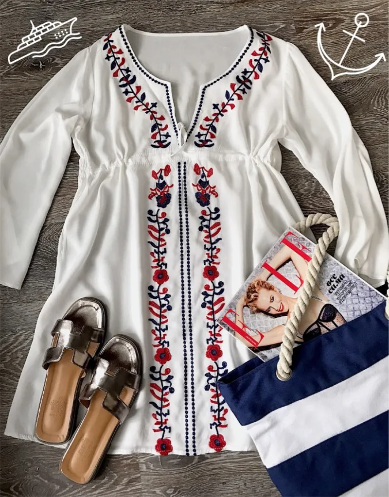 Женская пляжная туника с вышивкой белая хлопковая летнее пляжное платье