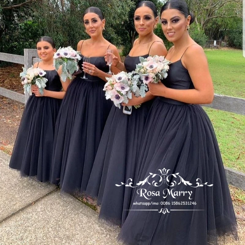 

Gothic Black Tulle Long Bridesmaids Dresses 2021 A Line Plus Size Cheap Country Wedding Guest Gowns Maid of Honors for Women