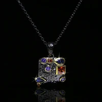 bohemia womens black gold tungsten pendant necklace dazzling colorful zircon stone sweater chain ethnic retro style jewelry