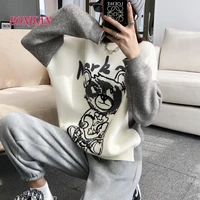 High Quality Autumn Winter Bear Knitting V-neck Long Sleeve Pullover Female Ladies Sweaters Embroidery Cartoon Patchwork Femme