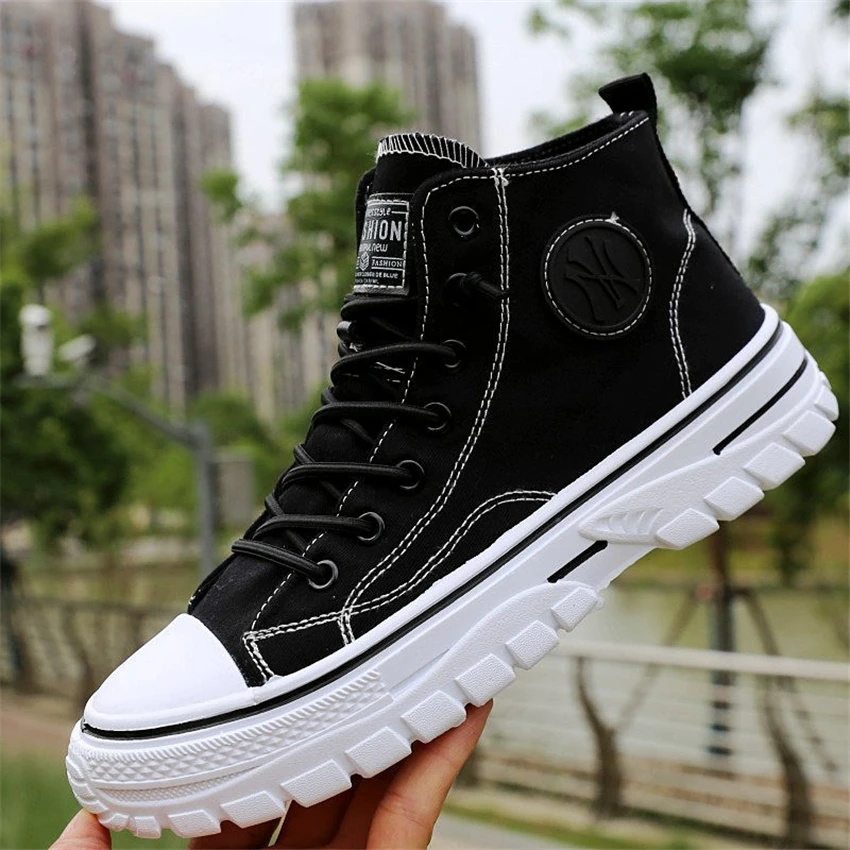 Men High Top Canvas Shoes Summer Breathable Lace-up Sneakers with Platform Beige Black Gray Nonslip Designer Vulcanized Footwear
