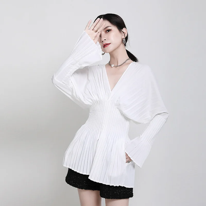 

Рубашка женская шифоновая с V-образным вырезом, белая Свободная Повседневная модная плиссированная блузка с рукавом «летучая мышь», размер...