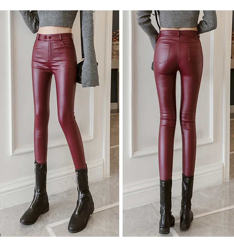 Штаны из искусственной кожи женские эластичные брюки плюс размер 3XL зимние Бархатные тонкие узкие карандаш с высокой талией матовые леггинсы Sping