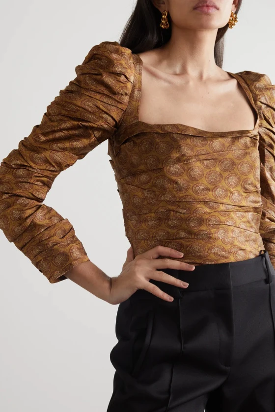 

High Quality Women Elegant Fashion Square Collar Puff Sleeve Ruched Print Slim Blouse Shirt Designer Clothes