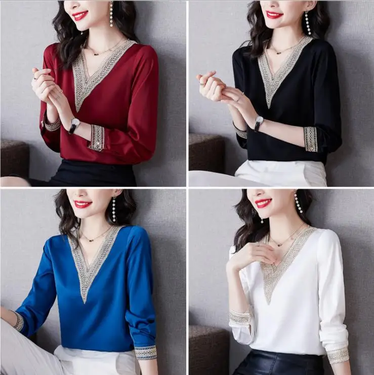 

2021 Spring Patchwork Women's Blouse V-neck Long Sleeve Female White Blouses Office Streetwear Fashion Ladies Top