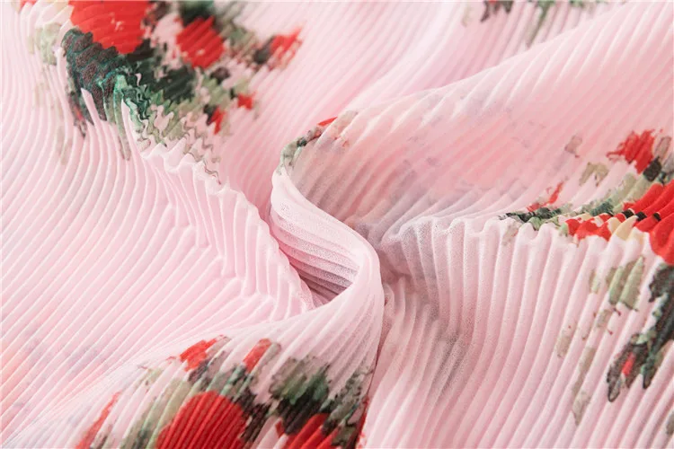 

Women Ruffles Trim Blouse Long Puff Sleeve Pleated Floral Print Pink Shirt and Tops